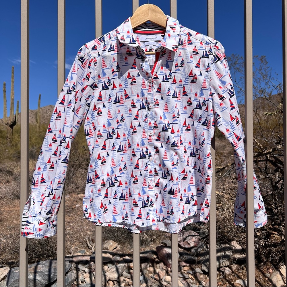⬇️💲Foxcroft Women’s Button Down Shirt 12P Color White, Blue, Red Etc Sailboats